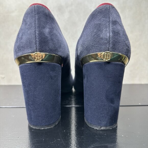 Tommy Hilfiger Pumps Blue Suede 3.5” Chunky Block Heels Burgundy Gold Trim - Picture 4 of 10